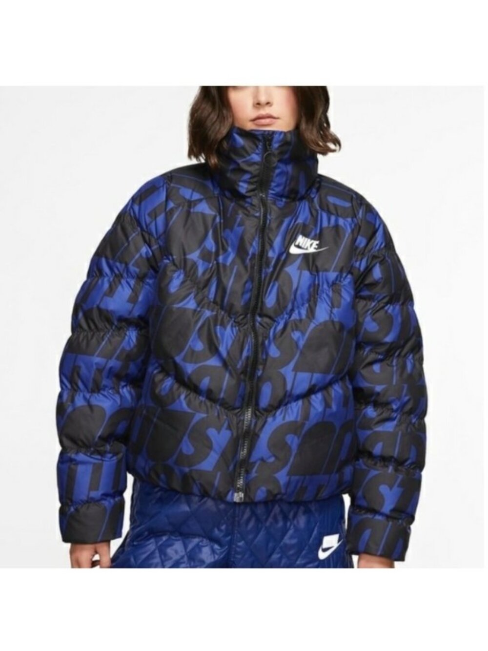 Nike Womens Puffer Thermore Jacket Black Blue Logo Print Size Small Relaxed